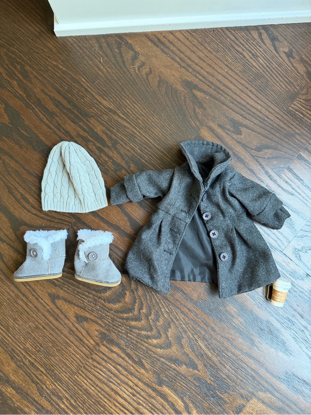 Gray Winter Coat, Knit Hat, Faux-Fur Boots and coffee cup for 18” dolls